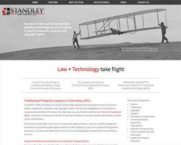 Screen of website for Standley Law Group LLP